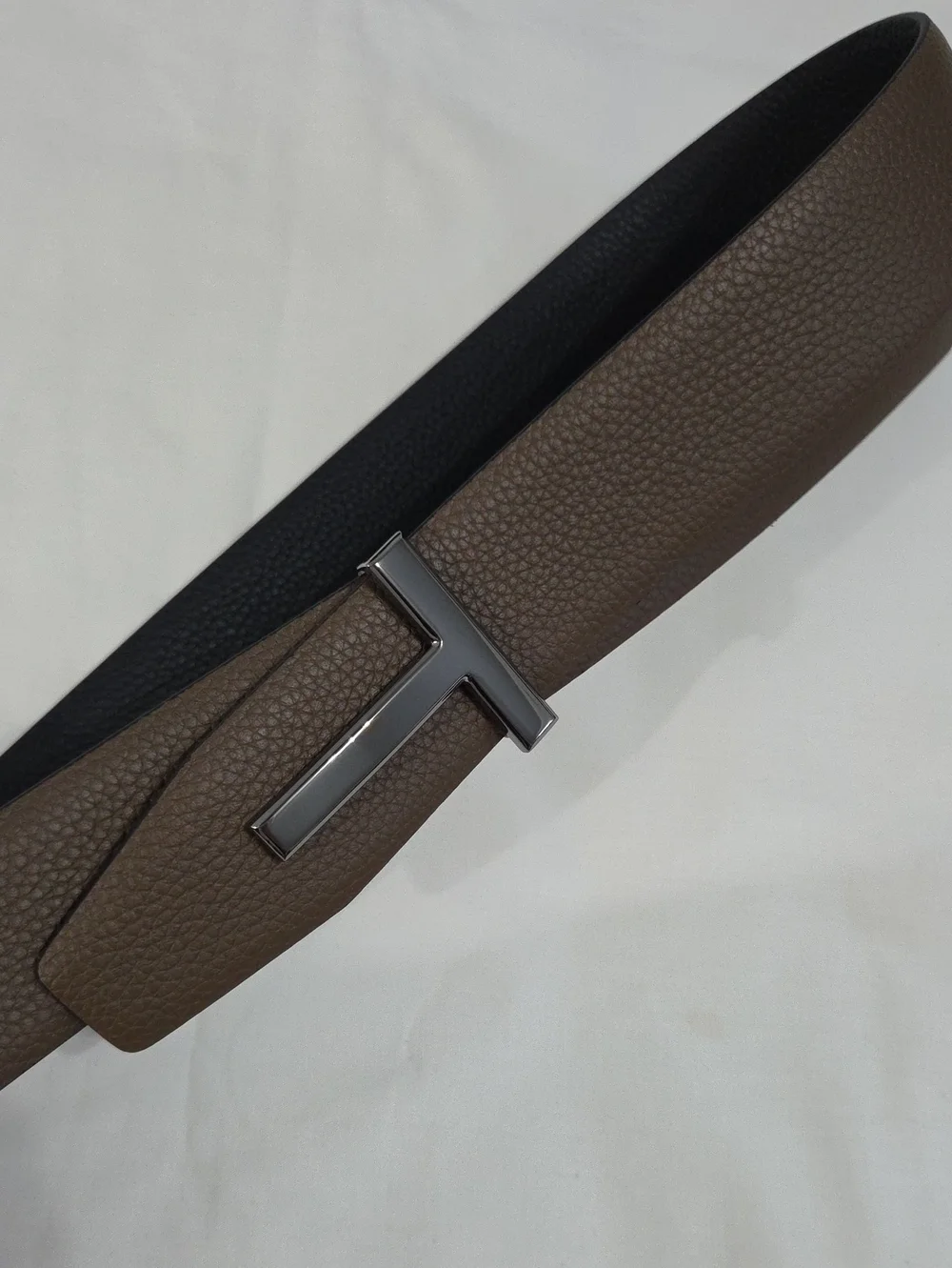 Tom Ford Black & Brown Leather Belt with Black Chrome T Accent